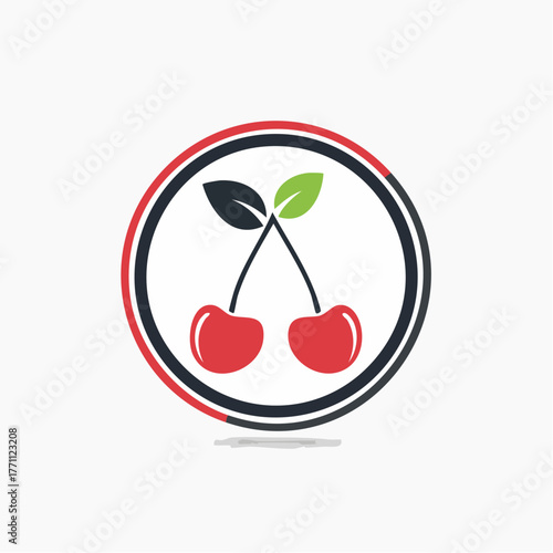 Stylized illustration of two red cherries with green leaves and black stems, enclosed within a circular frame with red and black rings.