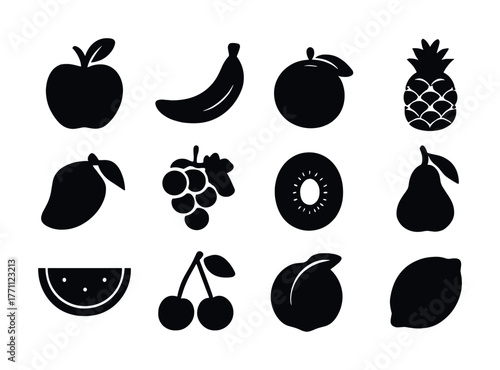 Set of fruit silhouettes: apple, banana, orange, pineapple, and more