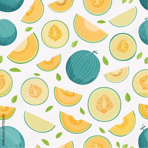 Seamless pattern with cantaloupe melon slices and whole fruits on white background.