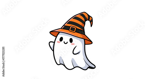 Cute Ghost with Witch Hat Illustration – Adorable Halloween Cartoon Design