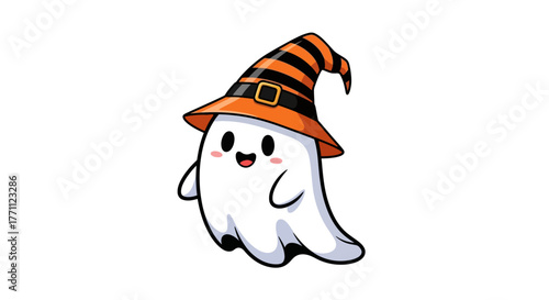 Cute Ghost with Witch Hat Illustration – Adorable Halloween Cartoon Design