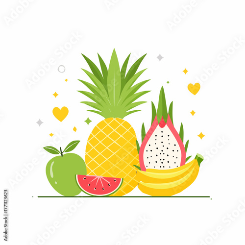 A vibrant illustration of various tropical fruits, showcasing their colors and textures.