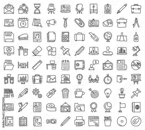 Office Icon Set – Hand Drawn Business and Work Symbols with Desk, Laptop, Document, Coffee, Meeting, Presentation, and Stationery Tools for Productivity, Workplace, and Corporate Design