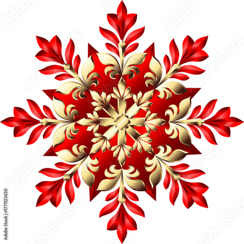 A highly detailed, luxurious damask snowflake ornament in a classic red and gold metallic style, featuring elegant floral and baroque scrollwork. Ideal for upscale Christmas cards, New Year invitation
