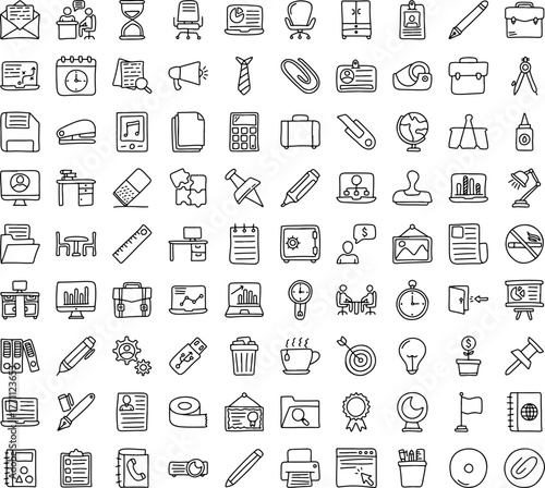 Office Icon Set – Hand Drawn Business and Work Symbols with Desk, Laptop, Document, Coffee, Meeting, Presentation, and Stationery Tools for Productivity, Workplace, and Corporate Design