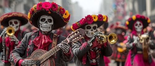 Day of the dead parade celebration with mariachi band and sugar skull face paint art