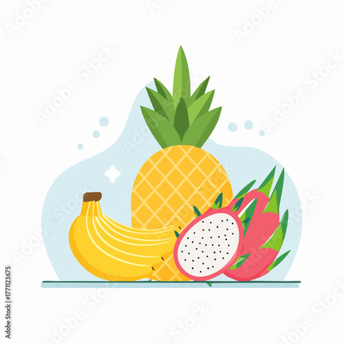 A vibrant illustration of tropical fruits including a pineapple, bananas, and dragon fruit.