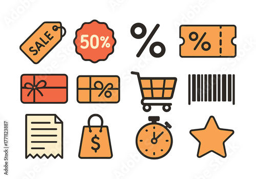 Shopping icons set: sale tag, discount symbols, shopping cart, barcode