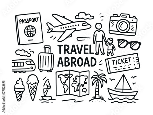 Travel abroad doodle: passport, airplane, family, map, vacation icons