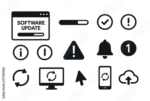 Software update icon set with progress bar and notification symbols