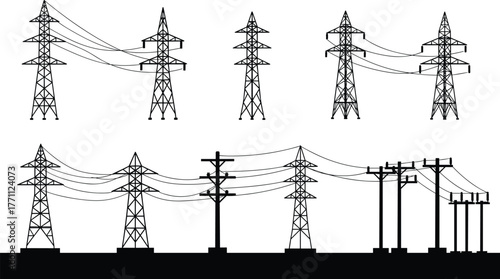 Electrical transmission towers, utility poles, power lines, energy distribution, electricity grid, industrial infrastructure, engineering design, renewable energy, voltage system, urban technology