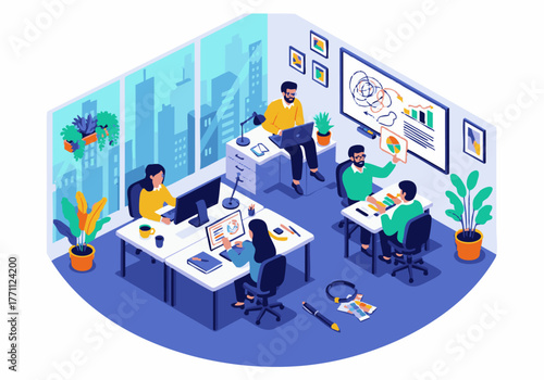 Isometric illustration of a modern office space with colleagues collaborating on projects, including brainstorming at a whiteboard and working at desks with computers.