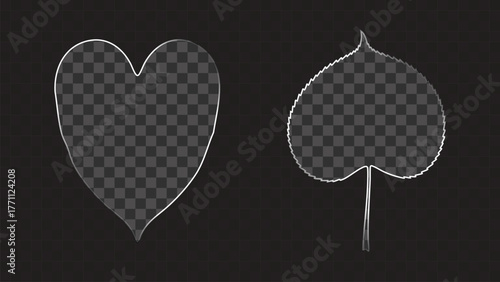 Two Glass Effect Heart and Card Suit Leaf Silhouettes. Transparent Minimalist Vector Icons