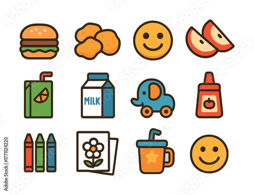 Colorful food and toy icons with smiling faces and crayons