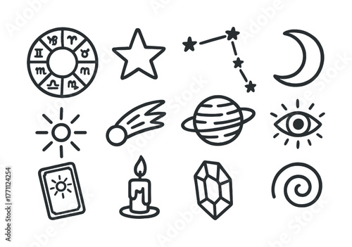 Astrology symbols collection: zodiac, constellations, moon, sun, planets, candle, and gem