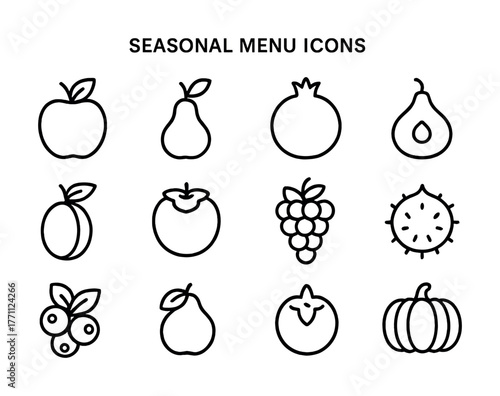 Outline icons of seasonal fruits: apple, pear, pomegranate, grapes, and more