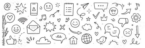 Emoji internet sketch icon set. Internet conversation, media outline tech emoji, star, arrow shape. Hand drawn sketch chat emoticon reaction, digital cloud, smile face elements. Vector illustration