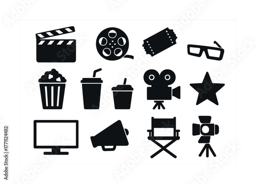 Cinema icons: clapperboard, film reel, ticket, 3d glasses, popcorn, drink, camera, star