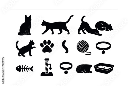 Cat silhouettes and pet accessories set including toys and litter box