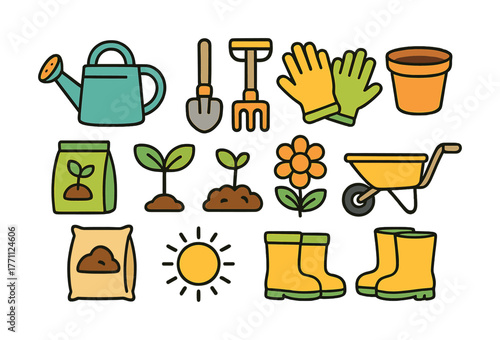 Gardening tools and elements: watering can, plants, and more