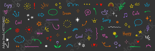 Line arrow, star, heart cute icon elements. Hand drawn sketch heart, arrow, star, flower decoration symbols. Simple sketch line style emphasizes abstract elements on chalkboard. Vector illustration