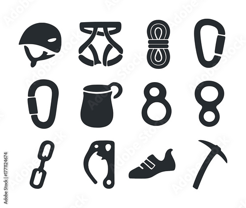Essential climbing gear icons: helmet, harness, ropes, carabiners, belay devices, ice axe