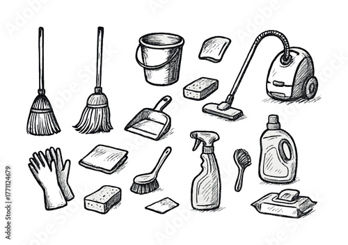 Hand drawn cleaning tools collection: brooms, vacuum, and supplies