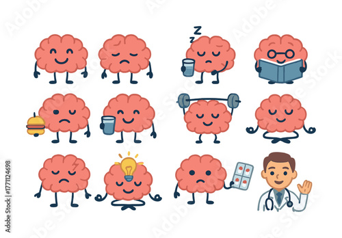Cute brain cartoon emotions with male doctor character