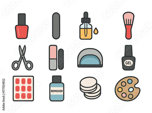 Nail care tools collection with polish, scissors, and gel remover