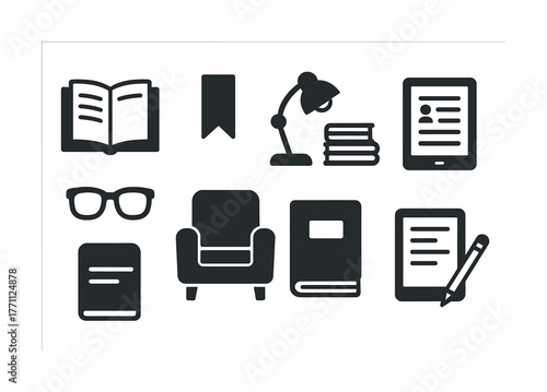 Reading and writing icons: books, lamp, glasses, chair, tablet, notebook