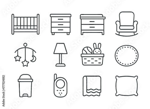 Outline icons of nursery furniture and accessories for babies and toddlers