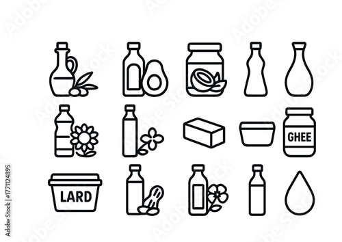 Collection of cooking oil and fat icons including olive, coconut, avocado, and ghee