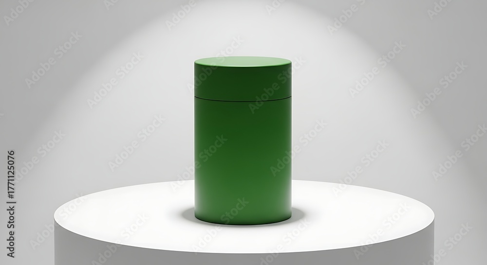 Fototapeta premium Minimalist Green Cylinder on White Pedestal Under Spotlight, Studio Lighting.