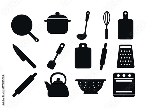 Silhouettes of essential kitchen utensils on white background