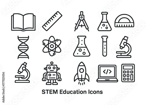 Stem education icons set featuring science, technology, math, engineering symbols
