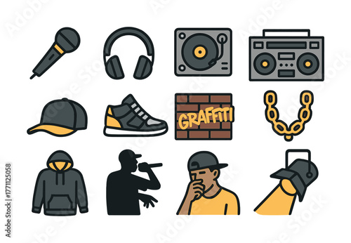 Hip hop icons: microphone, headphones, dj turntable, boombox, graffiti, sneakers, hoodie, cap, performer