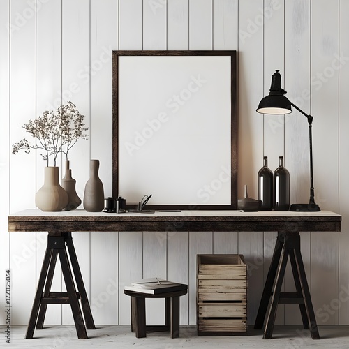 Modern Rustic Home Office Desk Mockup with Blank Frame