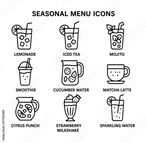 Seasonal drink icons: lemonade, iced tea, mojito, smoothie, and more
