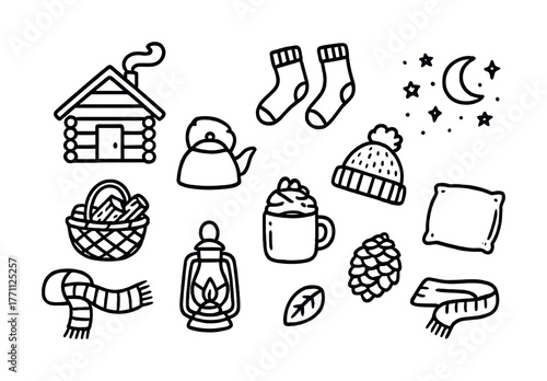 Cozy winter doodles: cabin, kettle, socks, and seasonal symbols