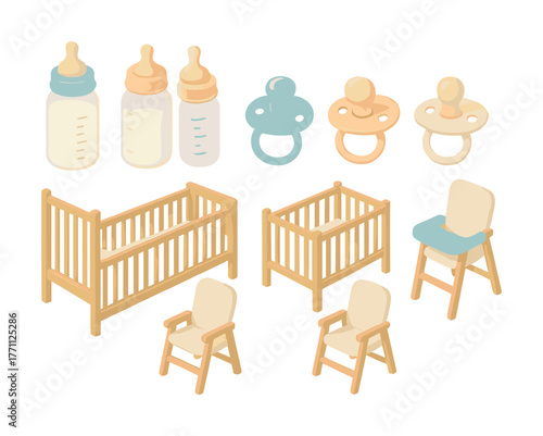 Baby room essentials: bottles, cribs, high chair, pacifiers in pastel tones