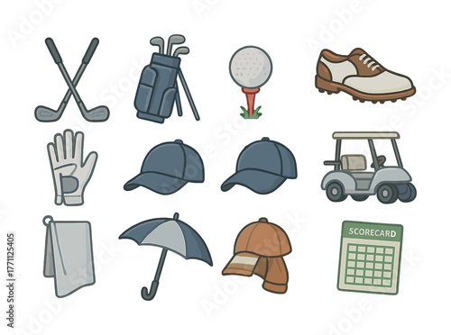 Golf equipment collection: clubs, bags, balls, apparel, and accessories