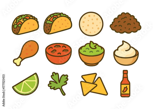 Mexican food icons: tacos, tortilla, beans, chicken, salsa, guacamole, sour cream, lime, cilantro, nachos, hot sauce