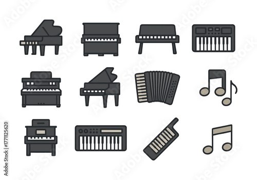 Various keyboard musical instruments and notes icons collection