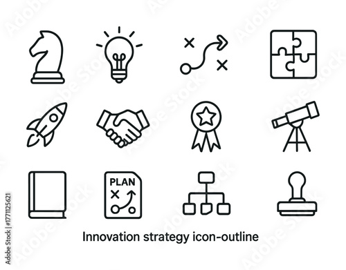 Innovation strategy icon set featuring outline design of chess knight, lightbulb, and rocket