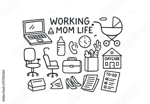 Doodle art of working mom life essentials with office and baby items