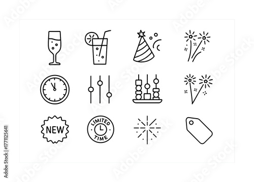 Celebration icons: party hat, drinks, fireworks, clock, limited time badge