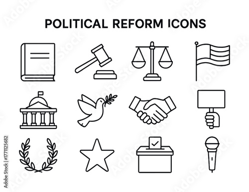 Political reform icons: justice, peace, voting, advocacy, governance symbols