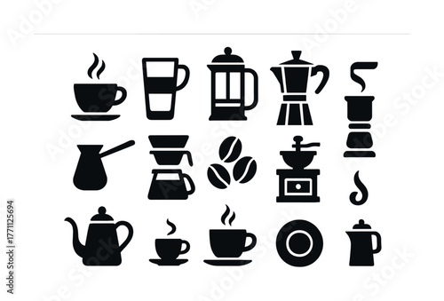 Coffee icon set with cups, pots, grinders, and beans in black silhouette