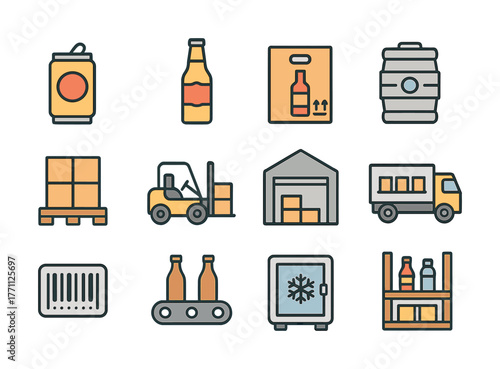 Colorful logistics icons set featuring beverage distribution symbols