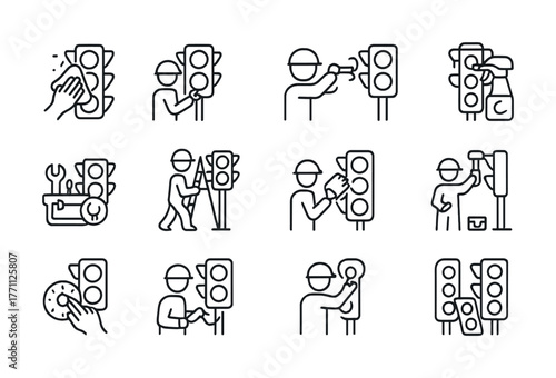 Traffic signal maintenance icons set: cleaning, repairing, inspecting activities